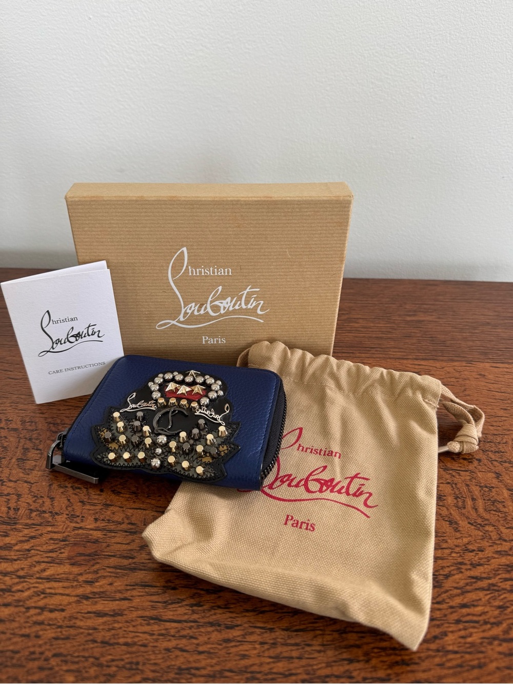 Christian Louboutin Blue Royal Crest Panettone Zip Coin Wallet w/ Dust Bag & Box